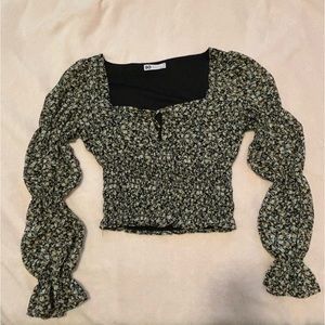 SO Smocked Floral Blouse with Tie Bow and Bubble Sleeves - Size Medium